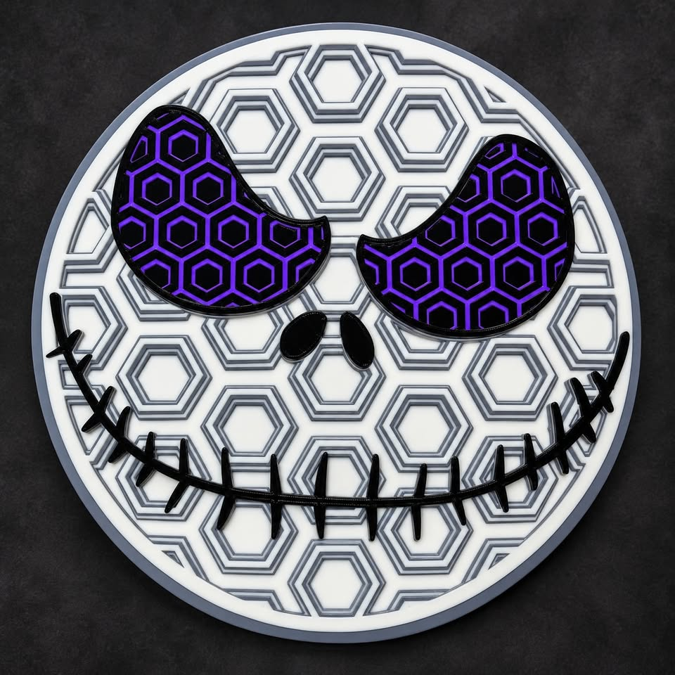 Round Jack Skellington wall art with white and gray hexagonal patterns, purple and black eyes, and a black stitched smile.