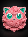 Pink Jigglypuff wall art with raised filigree, teal eyes and ear accents, and white eye rims against a dark background.
