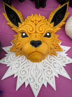 Jolteon Pokémon filigree wall art in yellow, black, and white with detailed ornamental design