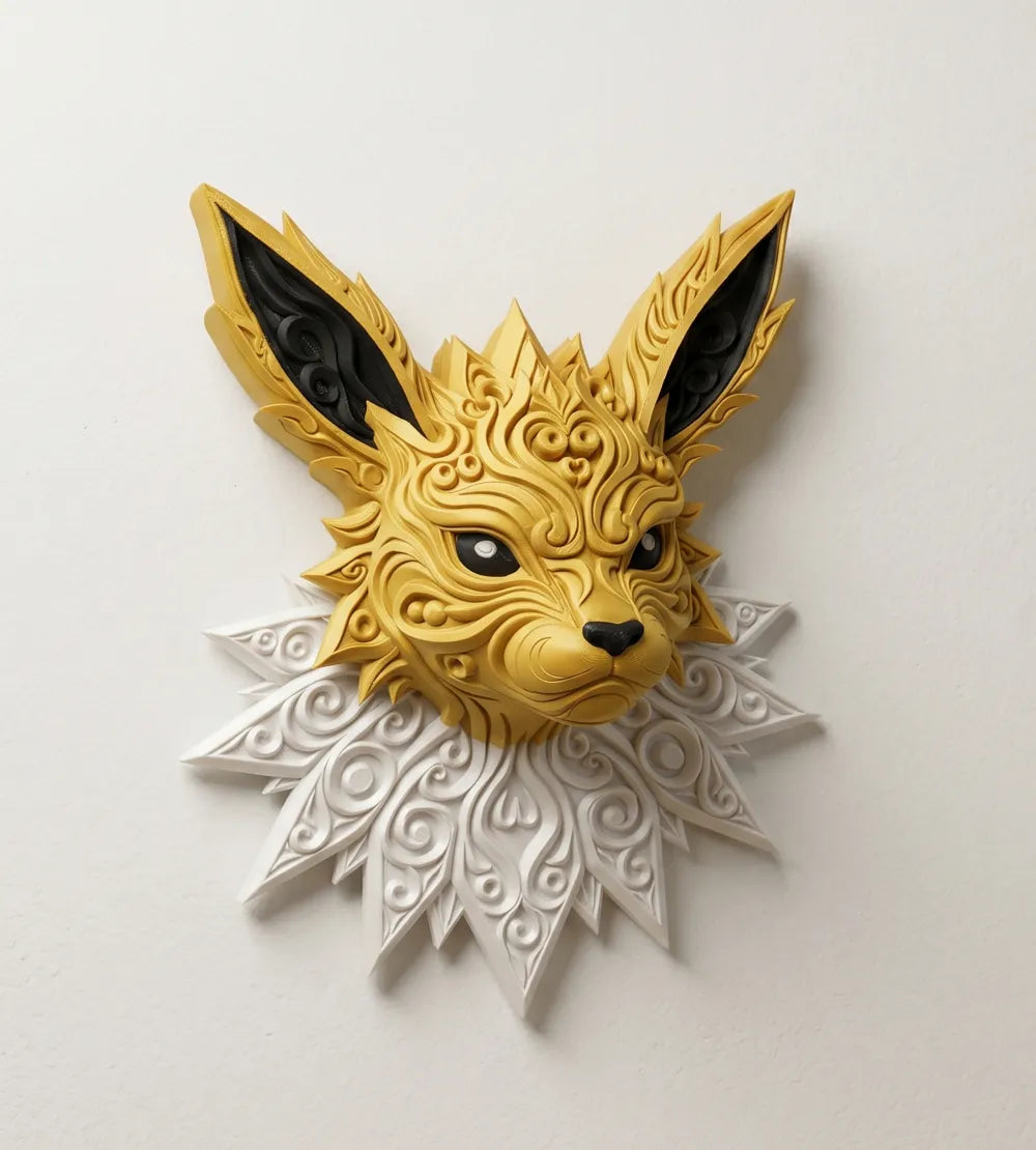 Jolteon Pokémon filigree wall art displayed on a wall with yellow face, black ears, and white collar