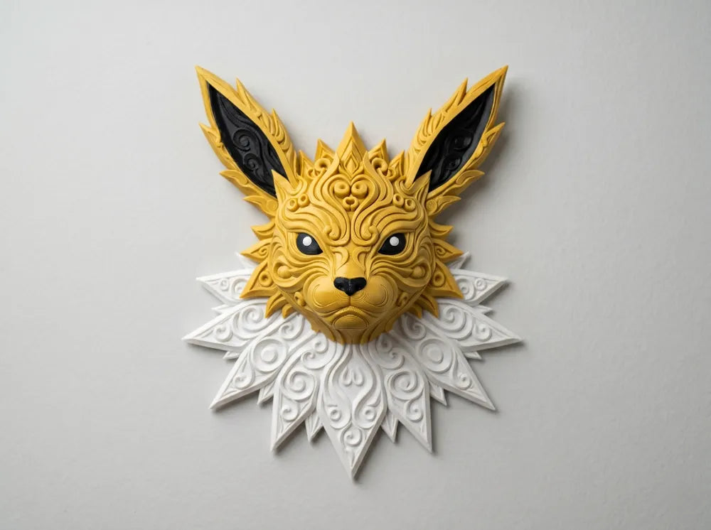Front view of Jolteon Pokémon filigree wall art with yellow ornamental face and white collar