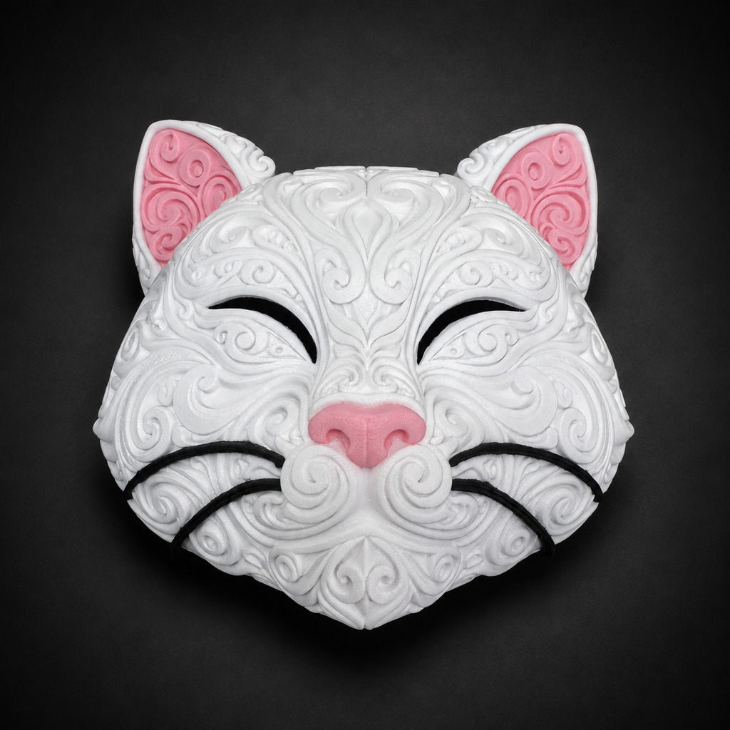 Front of white Korin cat wall art with raised filigree, pink ears and nose, and black closed eyes and whiskers.