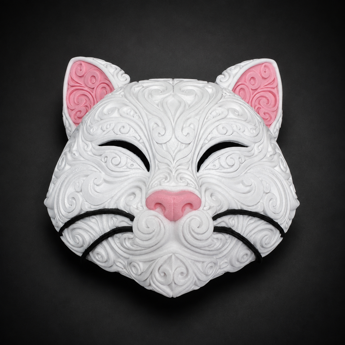 Front of white Korin cat wall art with raised filigree, pink ears and nose, and black closed eyes and whiskers.