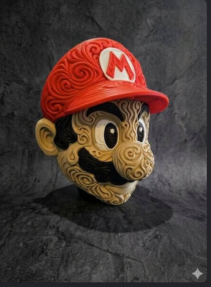 Angled Mario filigree wall art with red cap, tan face, and black mustache against a dark textured backdrop.