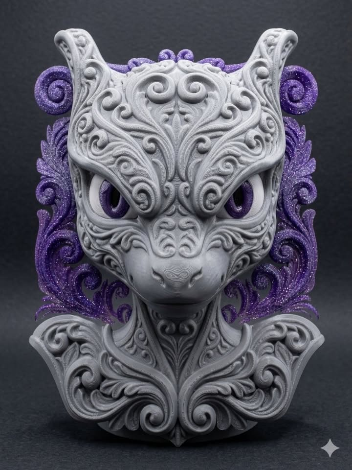 Gray Mewtwo Version 2 wall art with raised ornate filigree, purple eyes, and glittery purple scrollwork against a dark background.