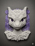 Full view of gray and glittery purple Mewtwo Version 2 wall art with ornate shoulders and surrounding scrollwork on a charcoal surface.
