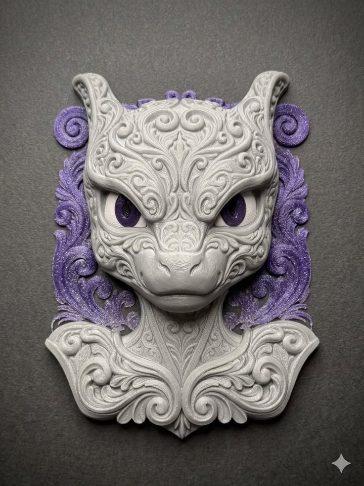 Full view of gray and glittery purple Mewtwo Version 2 wall art with ornate shoulders and surrounding scrollwork on a charcoal surface.