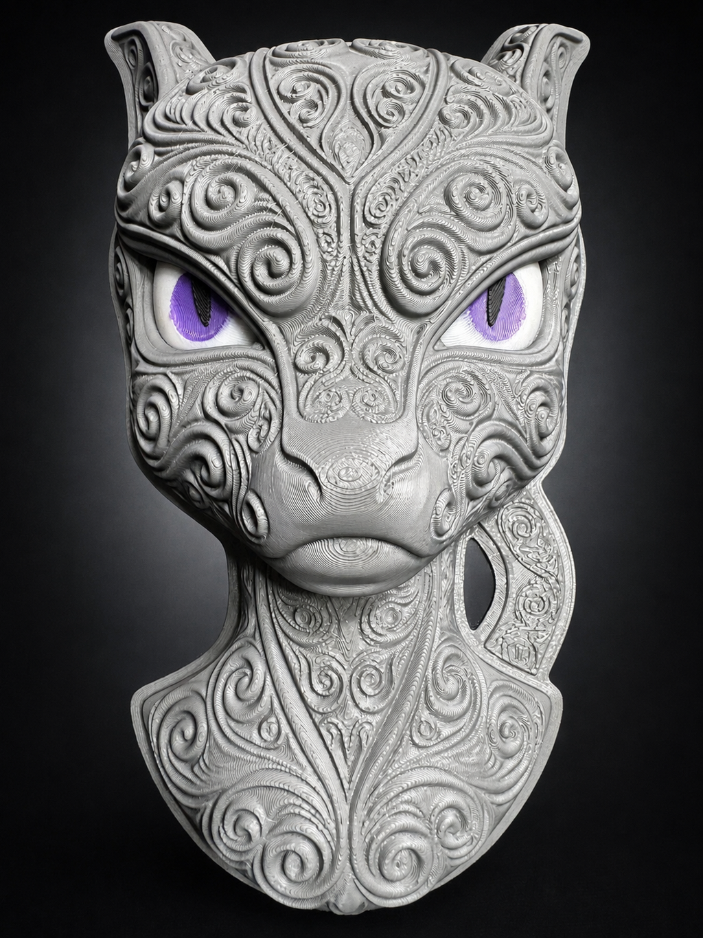 Angled view of silver Mewtwo Pokémon wall art showing dimensional ornamental details