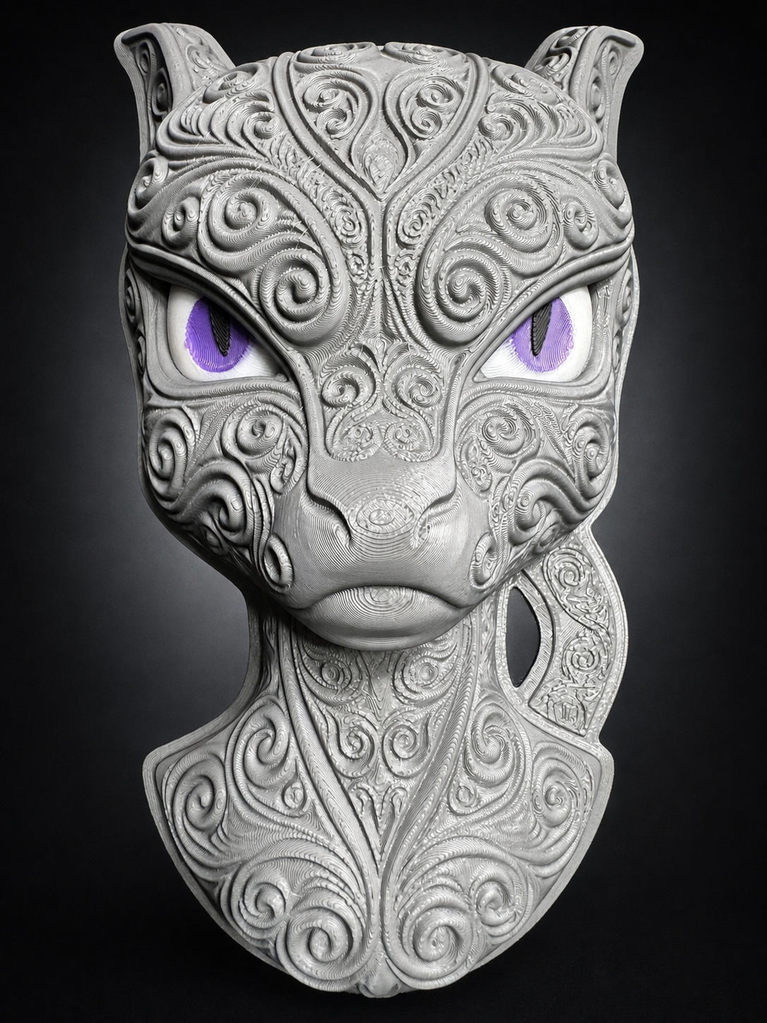 Angled view of silver Mewtwo Pokémon wall art showing dimensional ornamental details