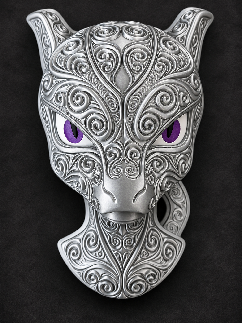 Silver Mewtwo Pokémon wall art with purple eyes and detailed ornamental design