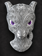 Silver Mewtwo Pokémon wall art with purple eyes and detailed ornamental design