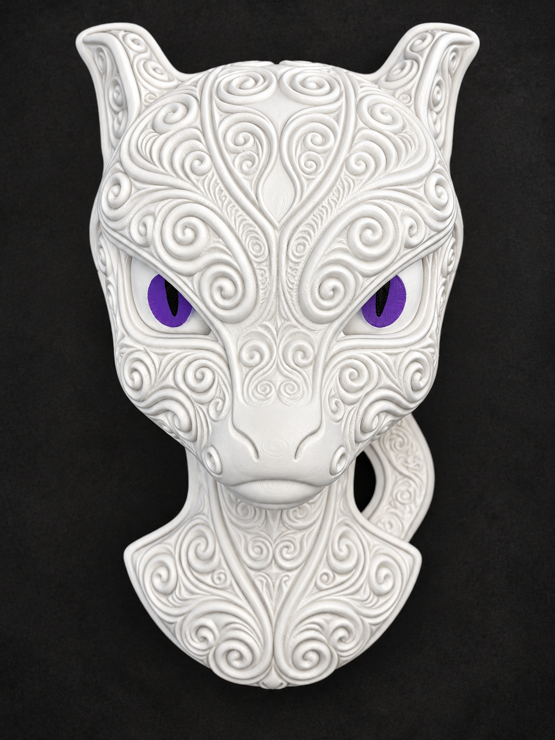 White Mewtwo Pokémon wall art with purple eyes and detailed ornamental design
