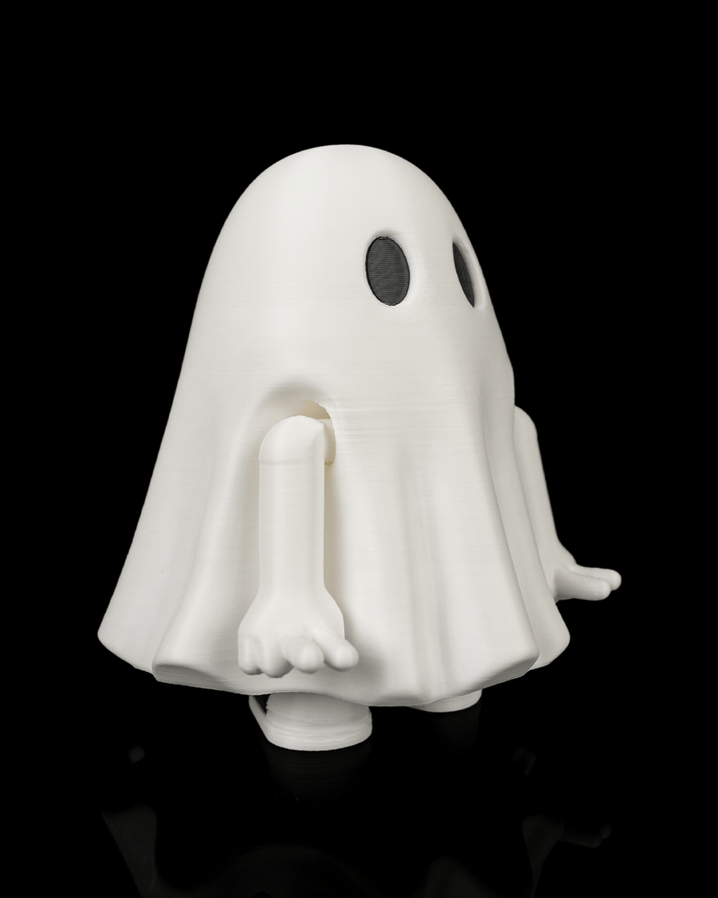 Three-quarter view of a white Mood Ghost with lowered arms and visible feet against a black background.