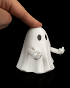 Angled view of a white Mood Ghost with raised middle-finger hands while its head is pressed.
