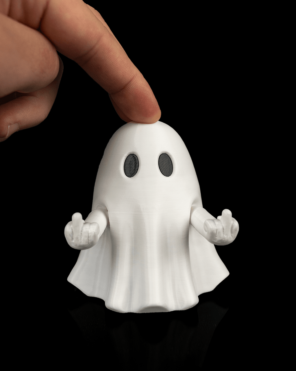 Front view of a white Mood Ghost being pressed on the head, with both hands raised in middle-finger gestures.