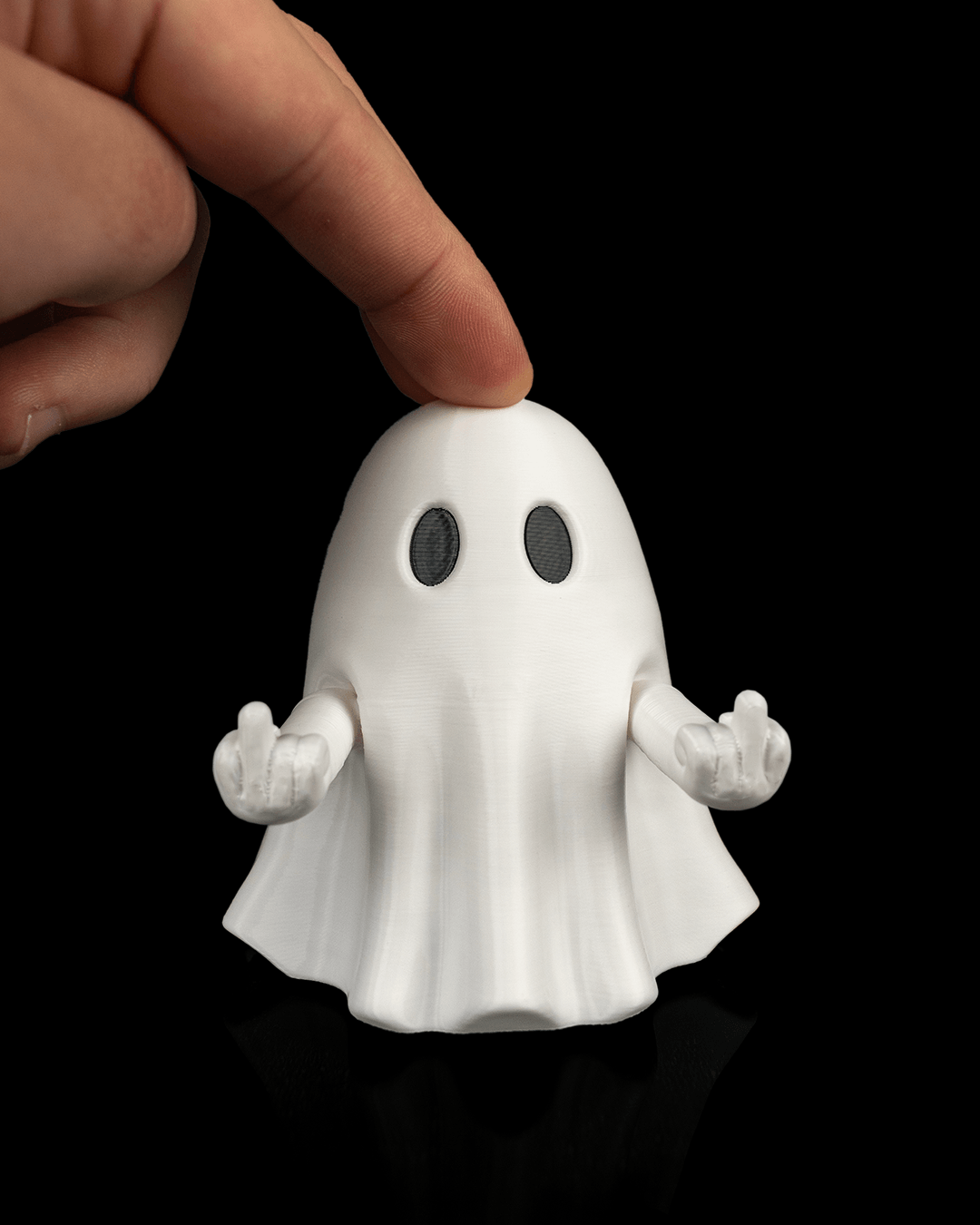 Front view of a white Mood Ghost being pressed on the head, with both hands raised in middle-finger gestures.