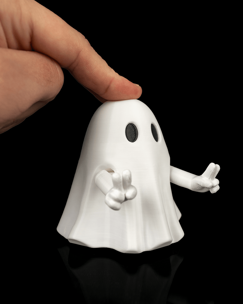 Angled view of a white Mood Ghost showing raised peace-sign hands while a finger presses its head.