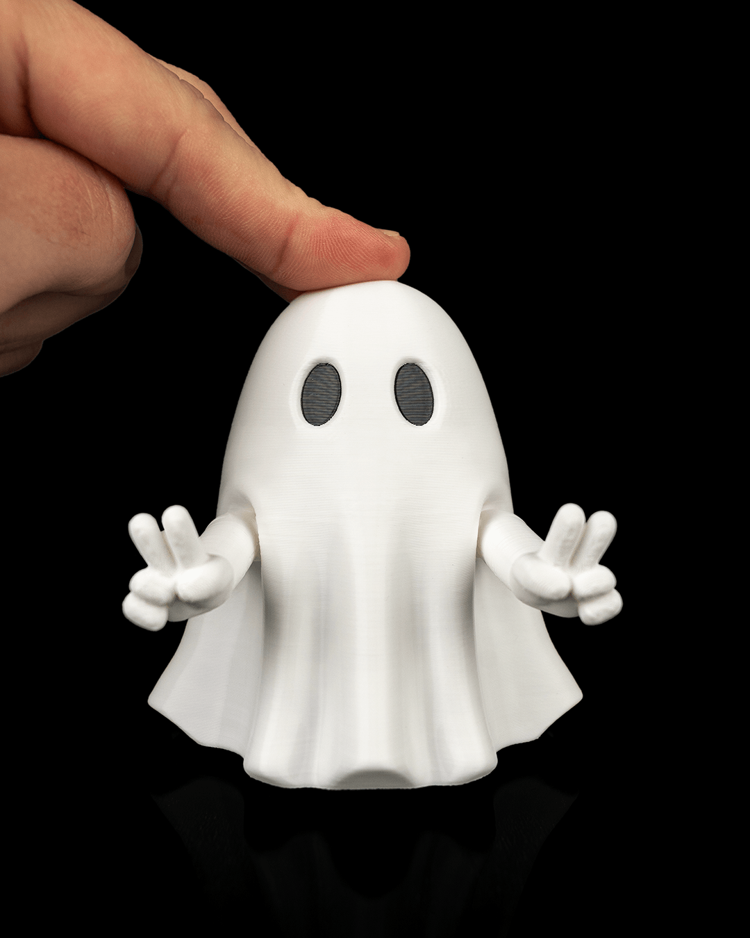 Front view of a white Mood Ghost being pressed on the head, with both hands raised in peace signs.