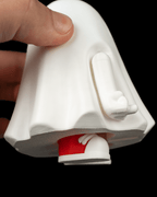 Close underside view of the Mood Ghost showing its red and white internal moving mechanism and one raised hand.