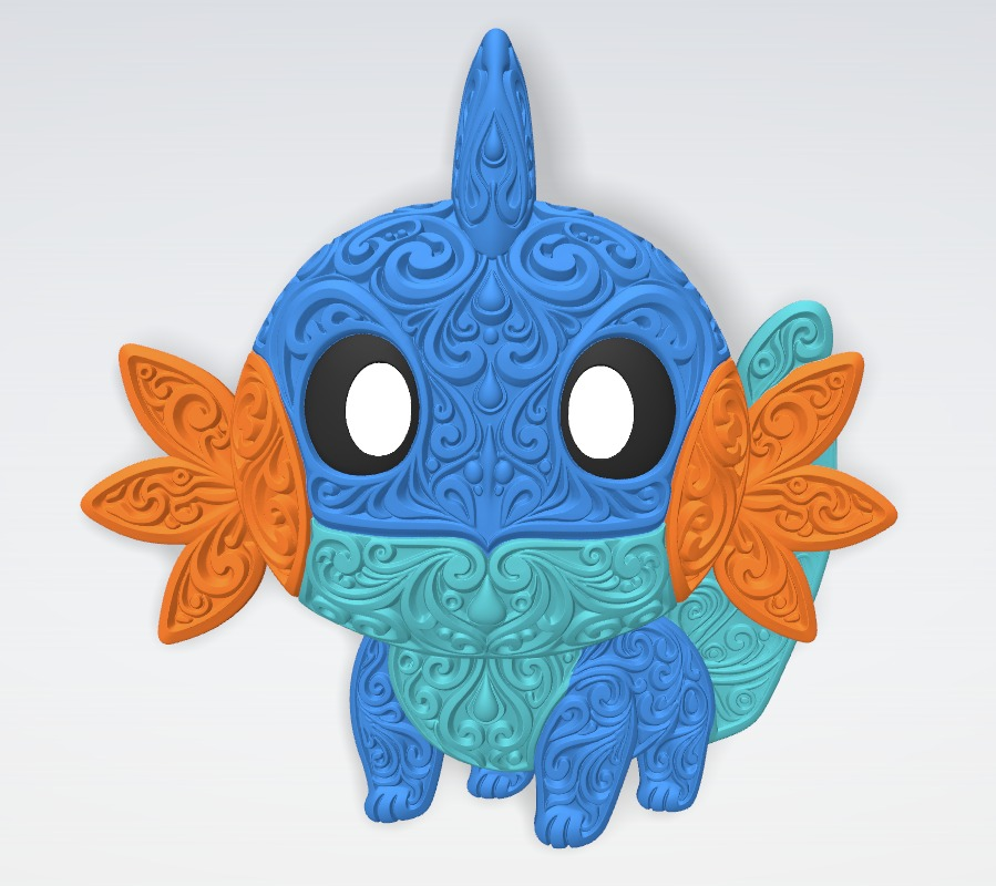 Front view of Mudkip Pokémon filigree wall art in blue, teal, orange, black and white with raised decorative scrollwork.