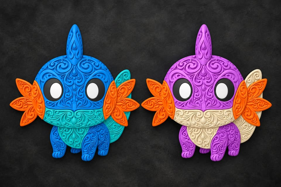 Regular blue and teal Mudkip and purple and cream Shiny Mudkip filigree wall art displayed together as a two-piece set.