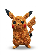 Gold-colored Pikachu filigree wall art with red cheeks, black ear tips, and a raised lightning-bolt tail against white.
