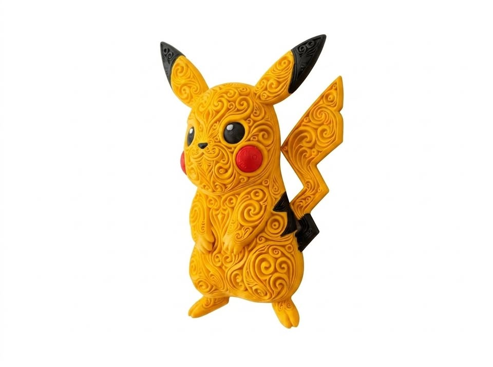 Angled view of yellow Pikachu wall art showing raised scrollwork, red cheeks, black ear tips, and a dimensional lightning-bolt tail.