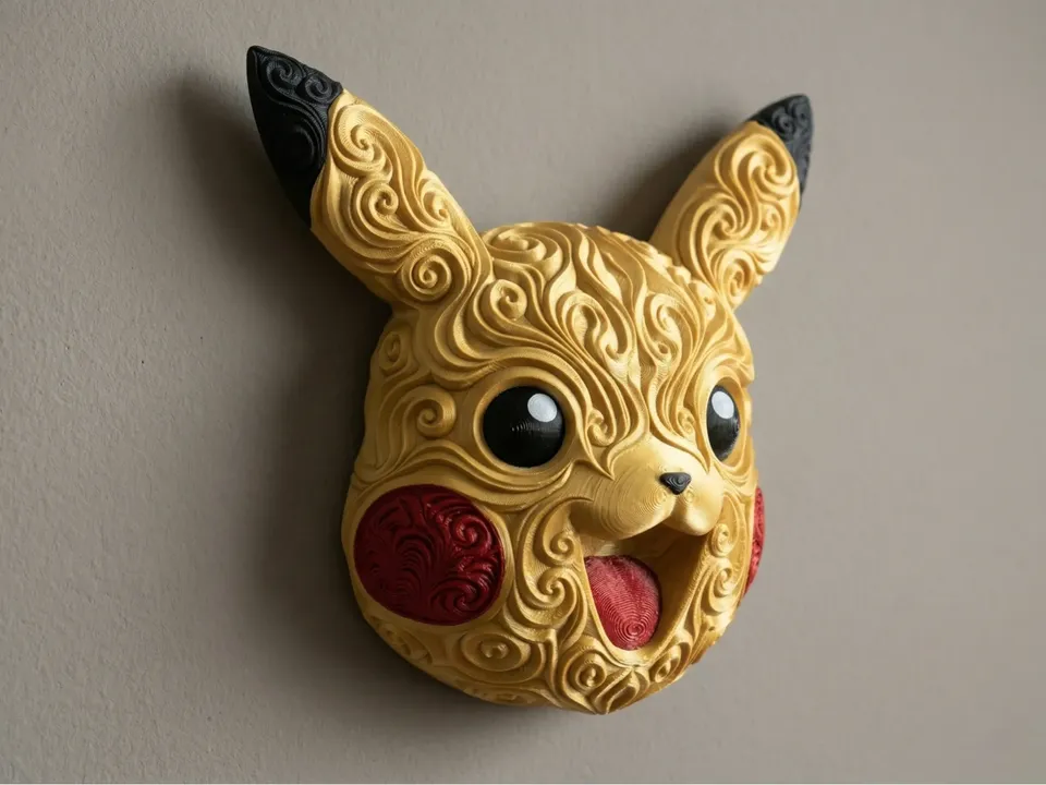Gold Pikachu head wall art with raised filigree, black ear tips, red cheeks, and an open smiling mouth mounted on a light wall.