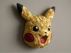 Gold Pikachu head wall art with raised filigree, black ear tips, red cheeks, and an open smiling mouth mounted on a light wall.