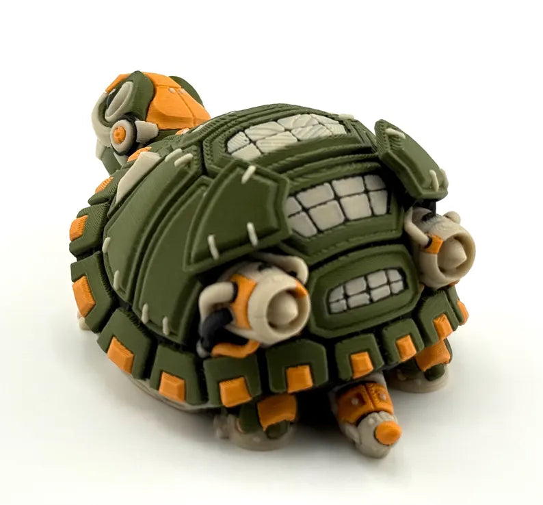 Rear three-quarter view showing the robotic tortoise shell panels, beige piping, and orange mechanical accents.