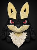 Shiny Lucario wall art with pale yellow and black raised filigree, red eyes, and a white chest accent against a dark background.