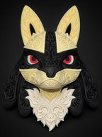 Shiny Lucario wall art with pale yellow and black raised filigree, red eyes, and a white chest accent against a dark background.