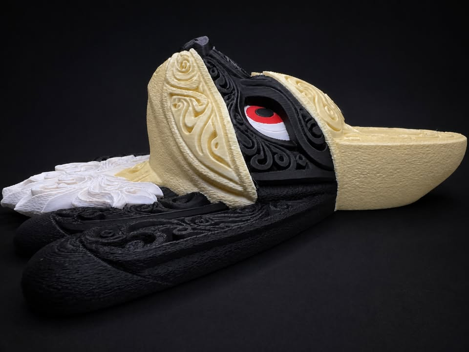 Side view of Shiny Lucario wall art showing its raised muzzle, pale yellow ears, red eye, black filigree, and white chest detail.