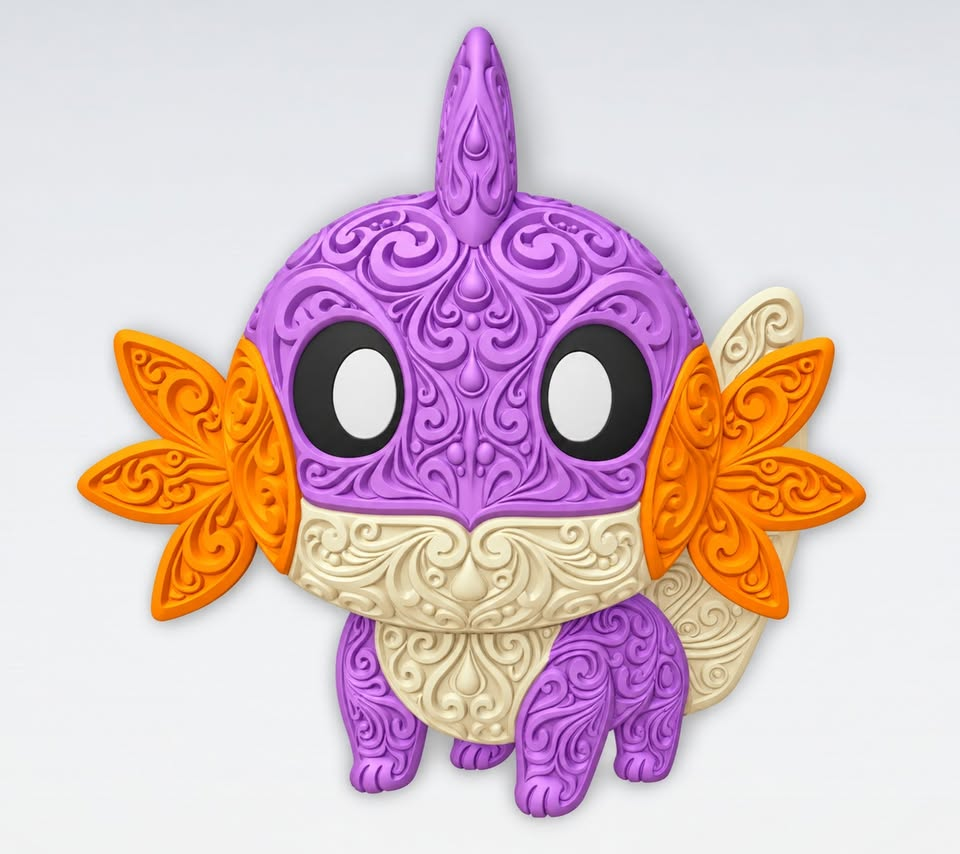 Front view of Shiny Mudkip Pokémon filigree wall art in purple, cream, orange, black and white with raised decorative scrollwork.