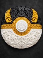 Black, gold, and white Ultra Ball wall art with raised ornate filigree and a white central button on a dark background.