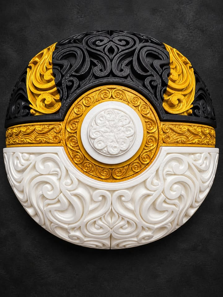 Black, gold, and white Ultra Ball wall art with raised ornate filigree and a white central button on a dark background.