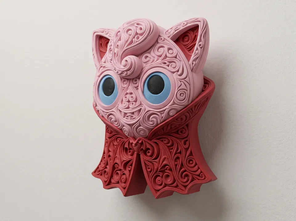 Angled view of Vampire Jigglypuff wall art showing its dimensional pink face and ornate red vampire cape.