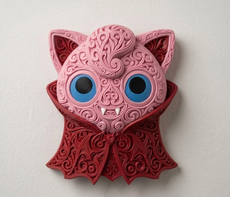 Front view of Vampire Jigglypuff Pokémon wall art with pink filigree, blue eyes, white fangs and a red cape.
