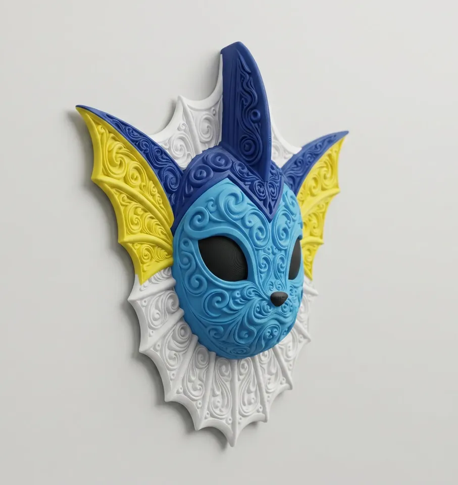 Angled wall view of Vaporeon showing raised blue filigree, yellow ear fins, black eyes, and a white neck frill.