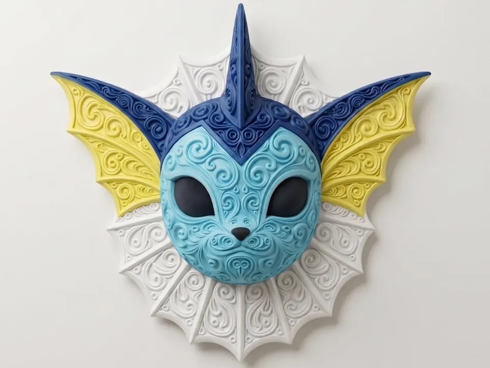 Vaporeon filigree wall art with a light blue face, dark blue crest, yellow ear fins, and a white neck frill on a light wall.