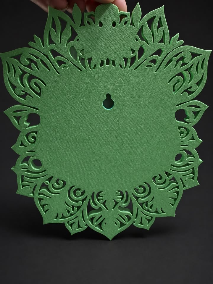 Green leaf-patterned back of Venusaur wall art showing the keyhole hanging slot.