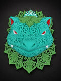 Venusaur wall art with teal raised filigree, red eyes and ear accents, white teeth, and green leafy scrollwork, shown from the front view.